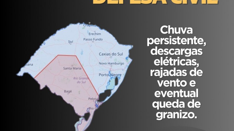 Defesa Civil alerta par chuva persistente, descargas elétricas, rajadas de vento e eventual queda de granizo