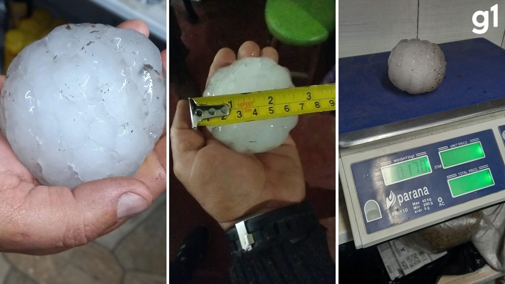 Morador registra pedra de granizo com 7 centímetros e 170 gramas durante temporal no RS; FOTOS