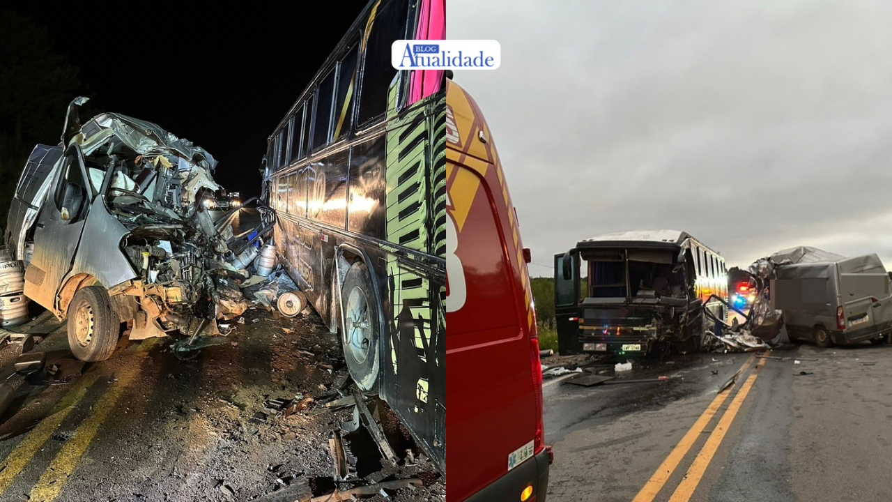 Motorista de van morre em colisão contra ônibus de banda na BR-470; FOTOS