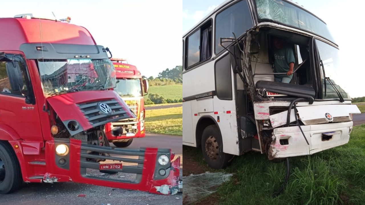 Colisão entre ônibus e caminhão deixa um ferido na BR-468, acesso a Palmeira das Missões